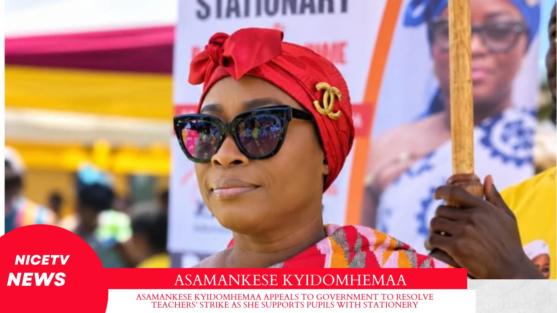 ASAMANKESE KYIDOMHEMAA APPEALS TO GOVERNMENT TO RESOLVE TEACHERS’ STRIKE AS SHE SUPPORTS PUPILS WITH STATIONERY