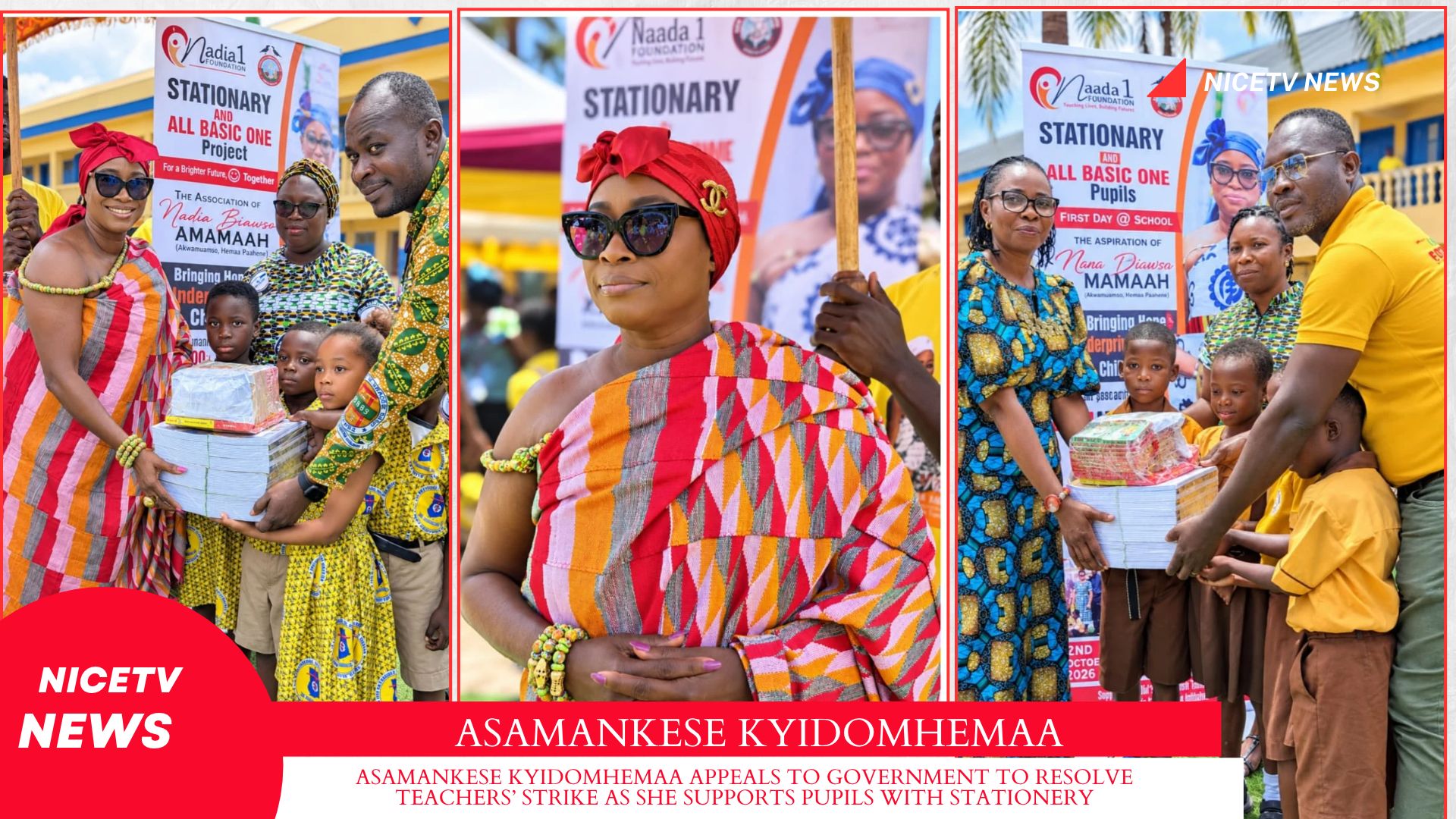 ASAMANKESE KYIDOMHEMAA APPEALS TO GOVERNMENT TO RESOLVE TEACHERS’ STRIKE AS SHE SUPPORTS PUPILS WITH STATIONERY